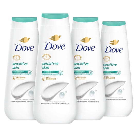 Dove bottle front packaging showing sensitive skin formula and benefits