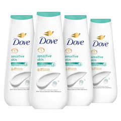 Dove bottle front packaging showing sensitive skin formula and benefits