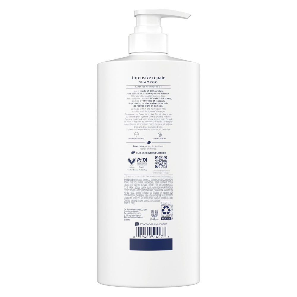 Dove bottle label close-up highlighting Bio-Protein Care ingredients and purpose