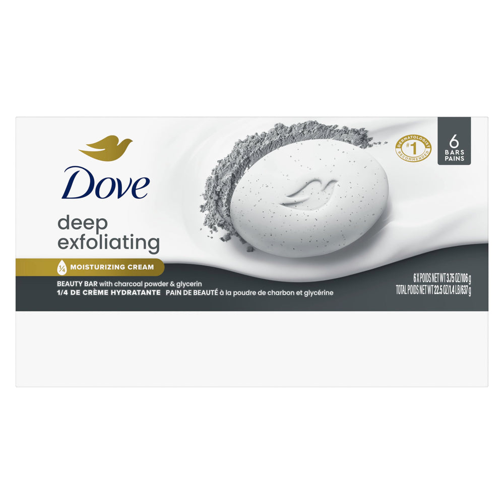 Dove close-up of charcoal powder texture highlighting gentle exfoliation