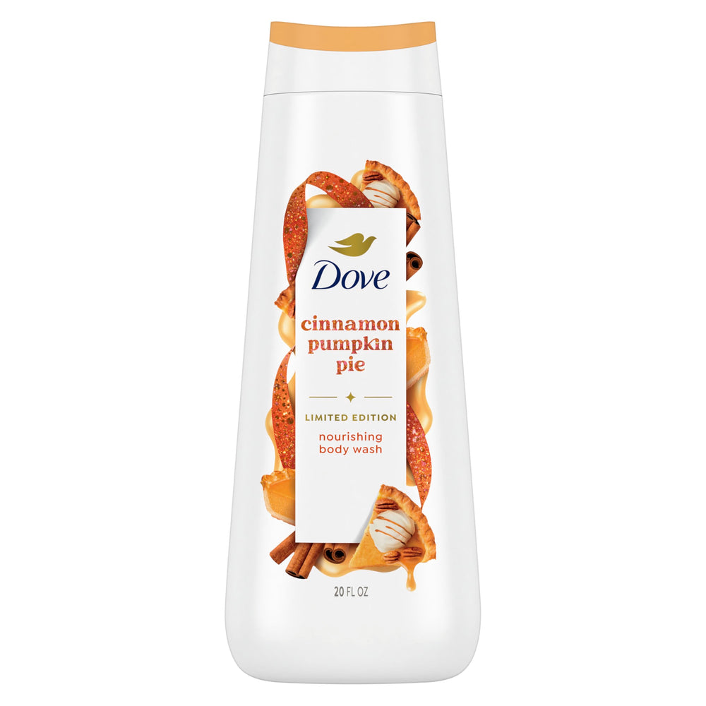 Dove bottle front view showing cinnamon pumpkin pie scent and nourishing benefit