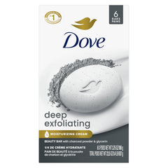 Dove front packaging showing charcoal exfoliating beauty bar and benefits