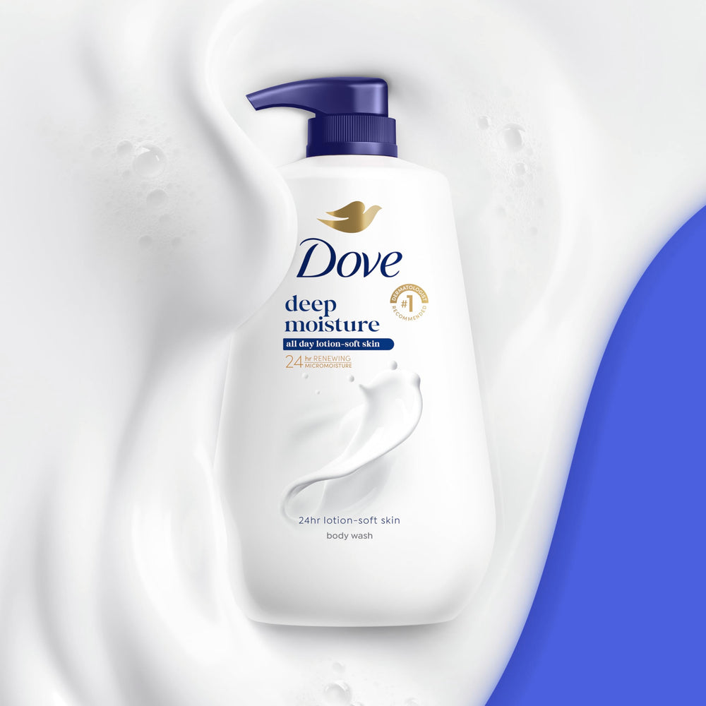 Dove deep moisture bottle recycled label emphasizing eco-friendly 100% recycled bottle