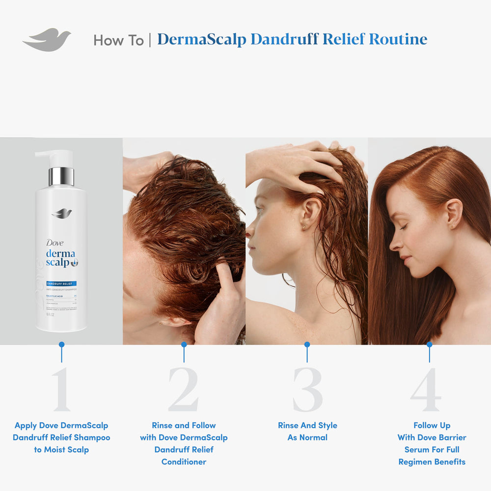 Person massaging Dove shampoo into wet hair under shower, promoting scalp comfort