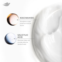 Illustration of salicylic acid ingredient beside Dove, emphasizing flake removal