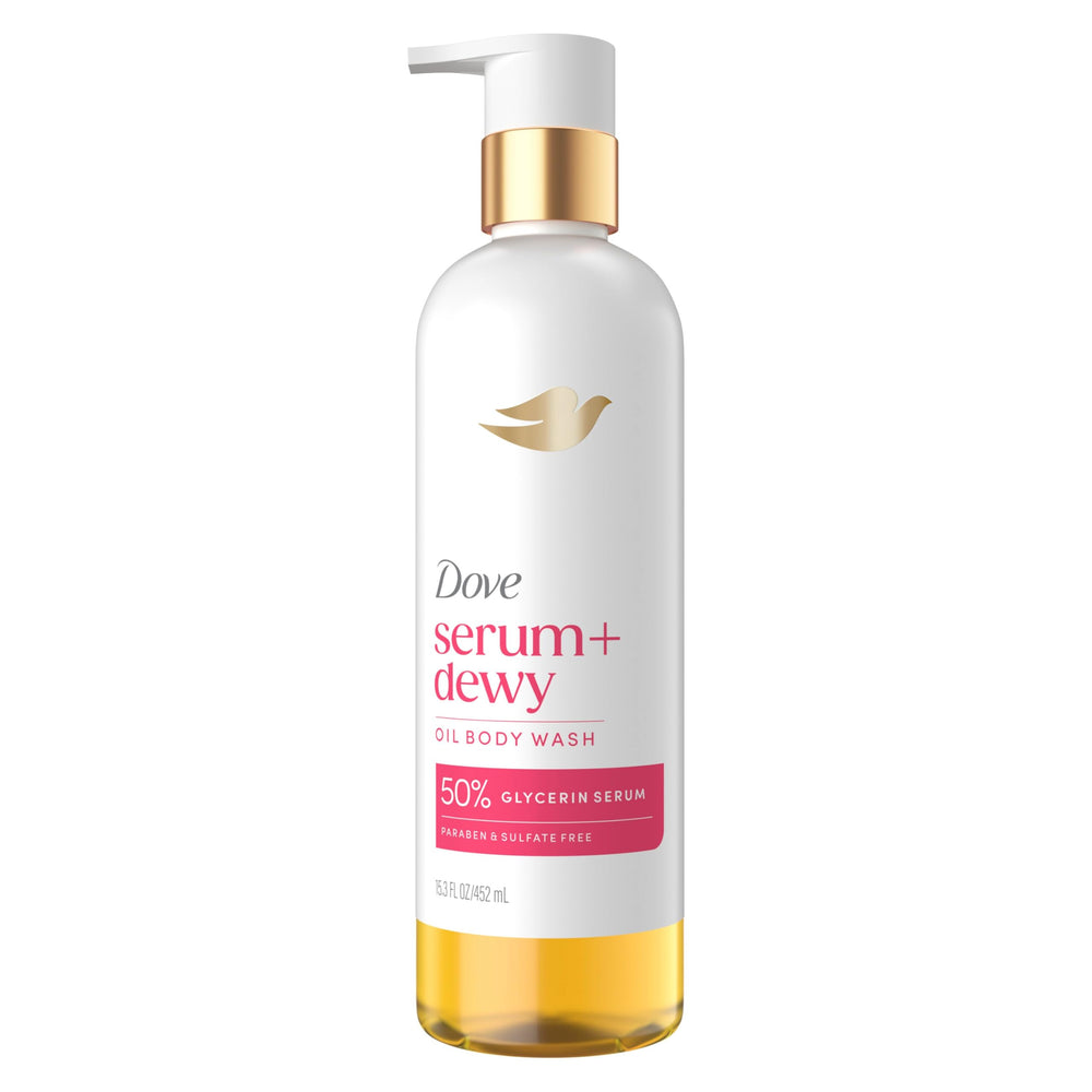 Dove bottle front packaging showing product benefits and scent