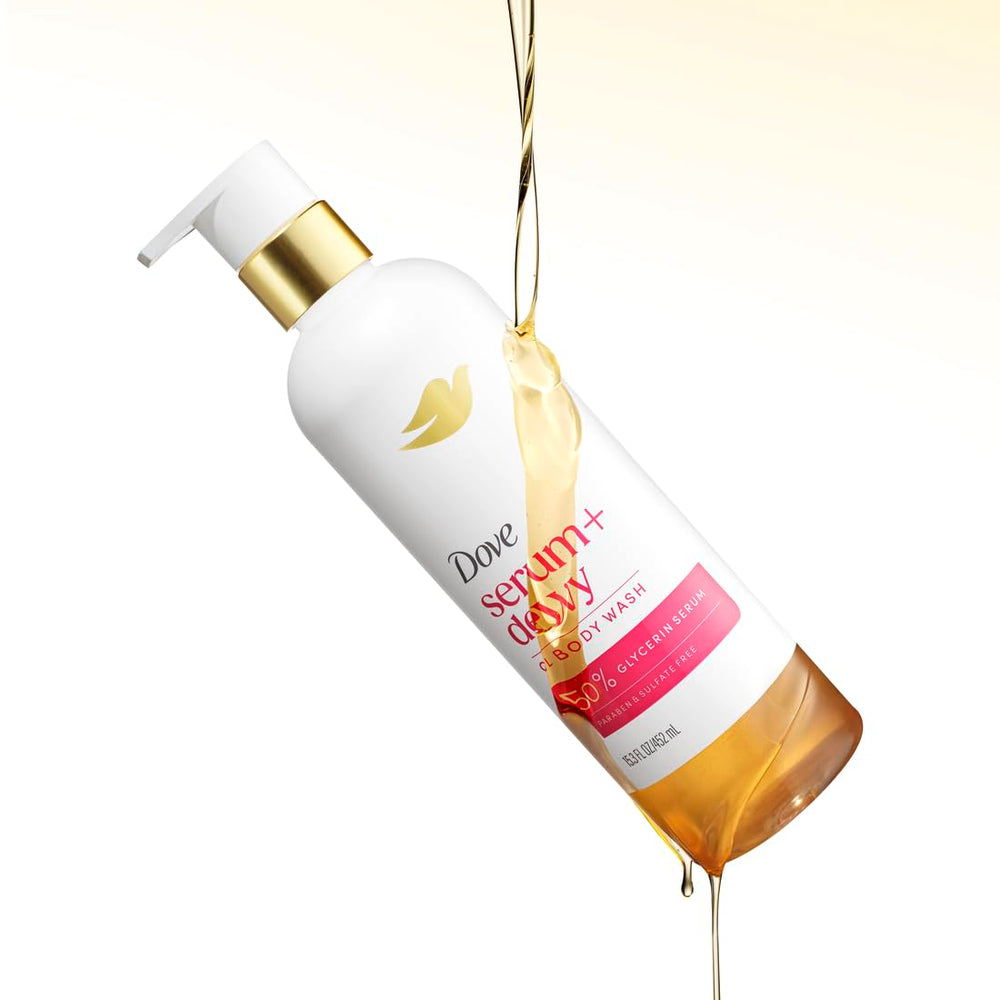 Dove shower oil pour on hand showing easy-to-use, hydrating feel