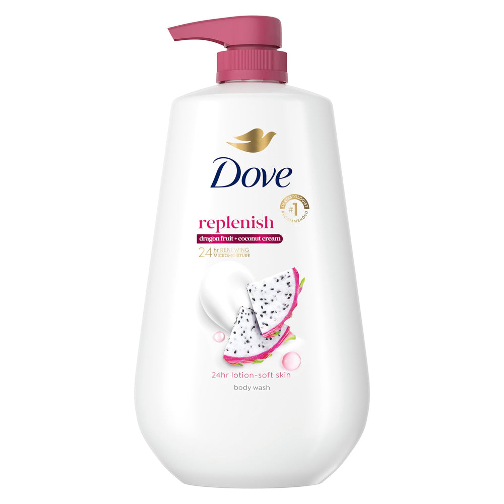 Dove front packaging showing Dragon Fruit & Coconut Cream for nourishing showers