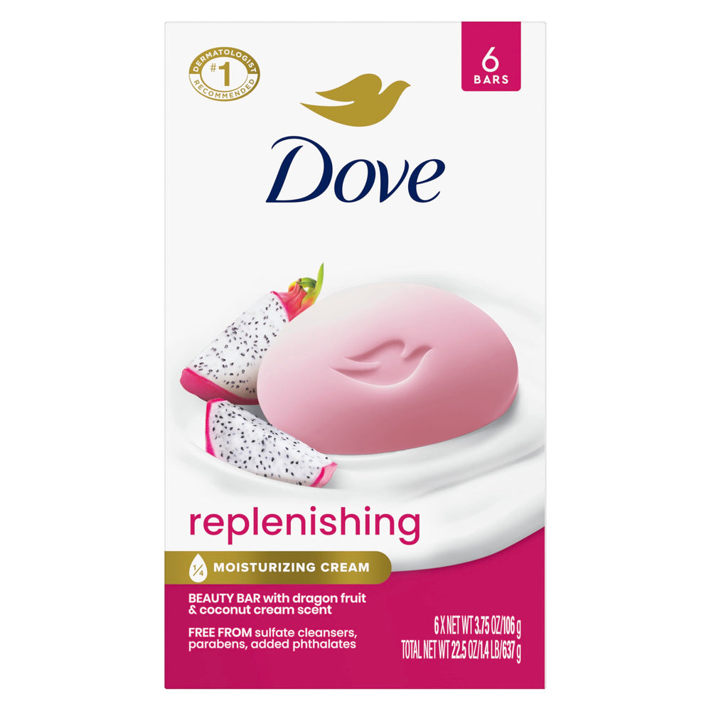 Dove front packaging showing six dragon fruit beauty bars for moisturizing care