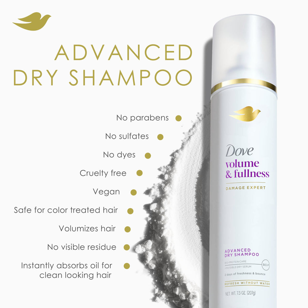 Dove Advanced dry shampoo results with brushed-out voluminous hair and visible lift at roots