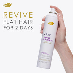 Dove Advanced dry shampoo fine mist and texture illustrating weightless formula and no residue