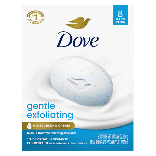 Dove front packaging showing eight bars and moisturizing benefit