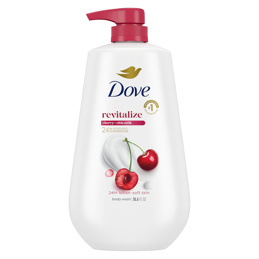 Dove bottle front Cherry & Chia Milk showing label and size, promises hydration