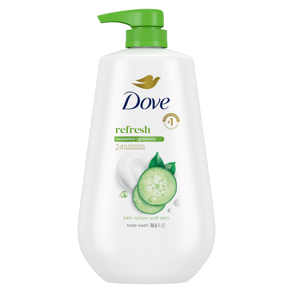 Dove front bottle showing Refresh Cucumber & Green Tea and hydration benefits