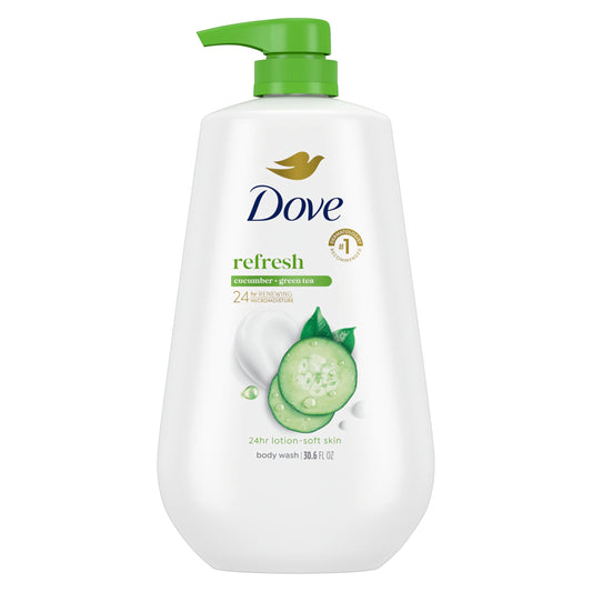 Dove front bottle showing Refresh Cucumber & Green Tea and hydration benefits