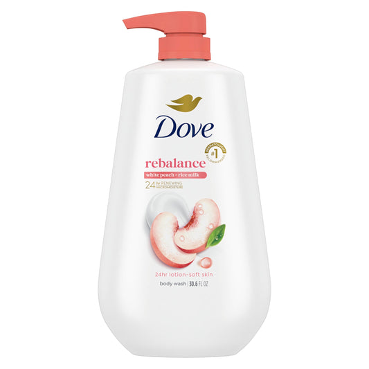 Dove front bottle showing White Peach & Rice Milk and moisturizing benefit
