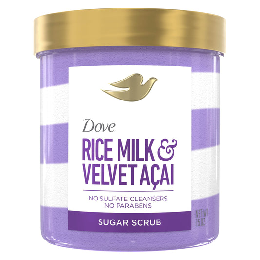 Dove front jar showing Velvet Acai & Rice Milk scent and moisturizing benefit