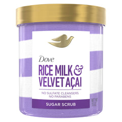 Dove front jar showing Velvet Acai & Rice Milk scent and moisturizing benefit
