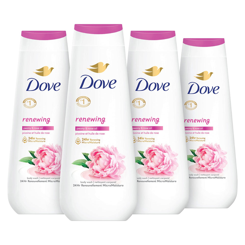 Dove front packaging showing Renewing Peony and Rose Oil scent and hydrating benefits