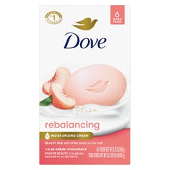 Dove front packaging showing peach and rice milk and moisturizing benefit
