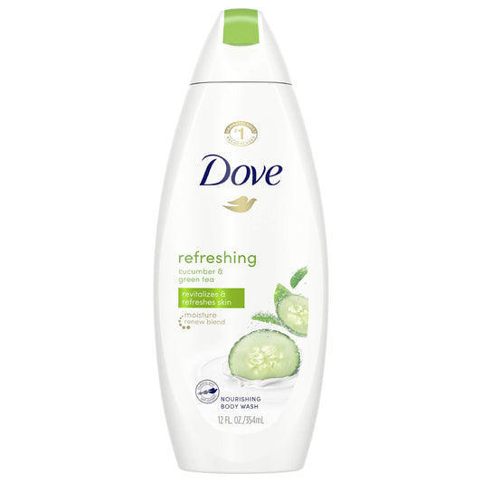 Dove front bottle of cucumber and green tea body wash showing label and size benefits