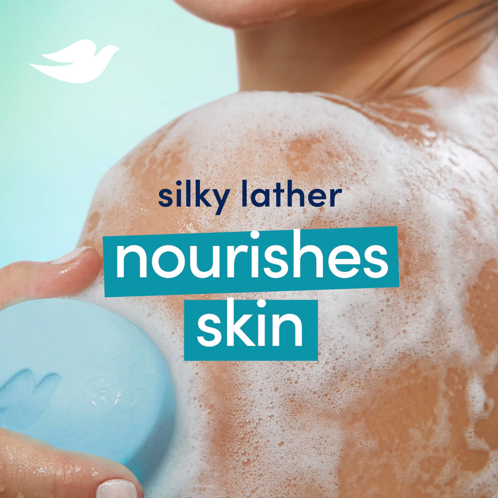 Dove bar producing rich lather for gentle cleansing and long-lasting hydration