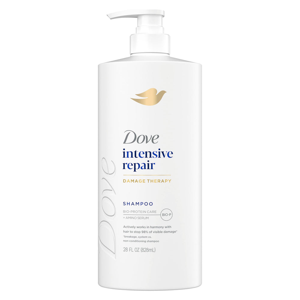 Dove shampoo front label showing product and benefit of repair