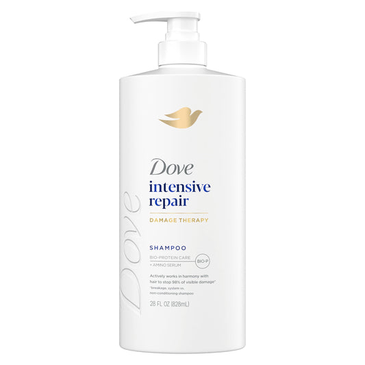 Dove shampoo front label showing product and benefit of repair