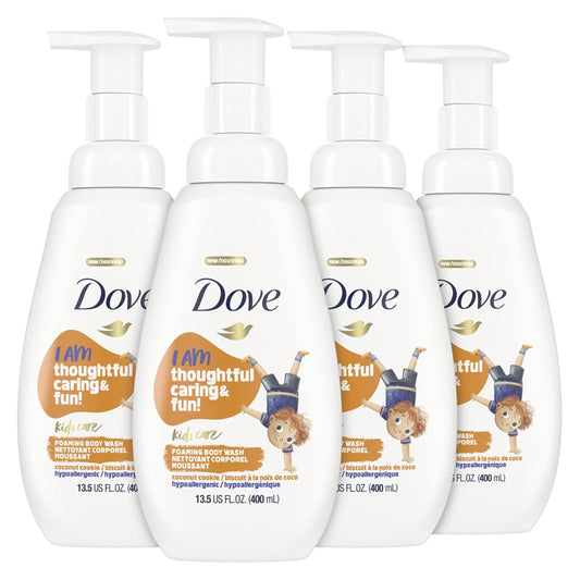 Dove front packaging of four bottles showing coconut cookie scent and family convenience