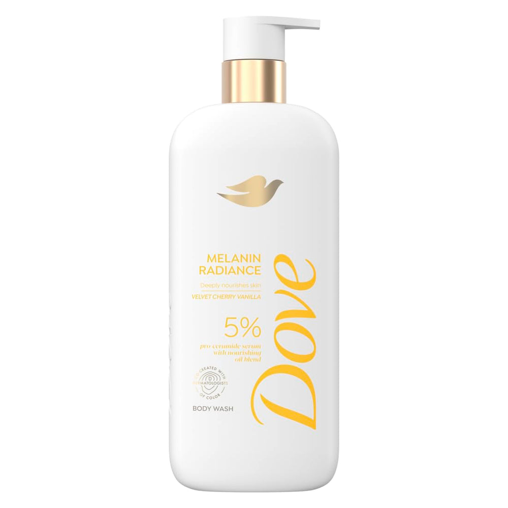 Dove front bottle showing label and size, promotes hydrated radiant skin