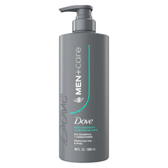Dove Men+Care front label showing product benefits and size
