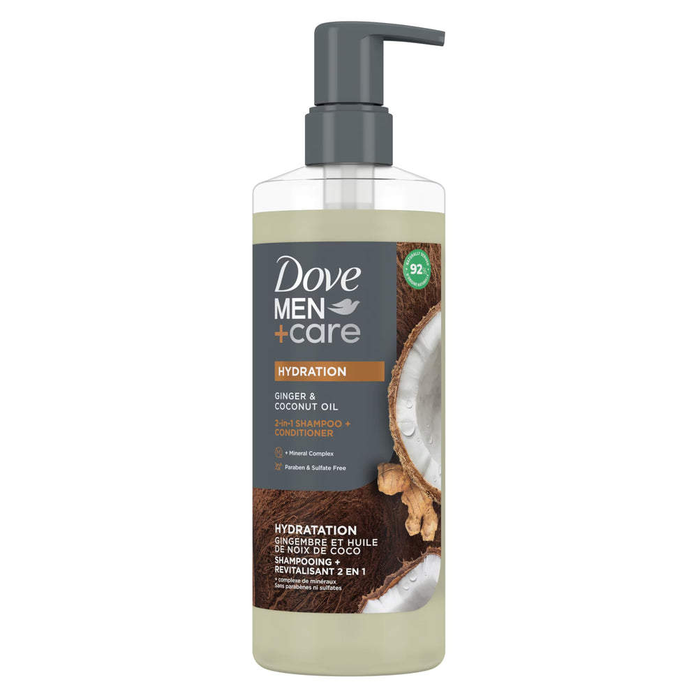 Dove Men+Care front bottle showing ginger coconut oil scent and hydration benefit