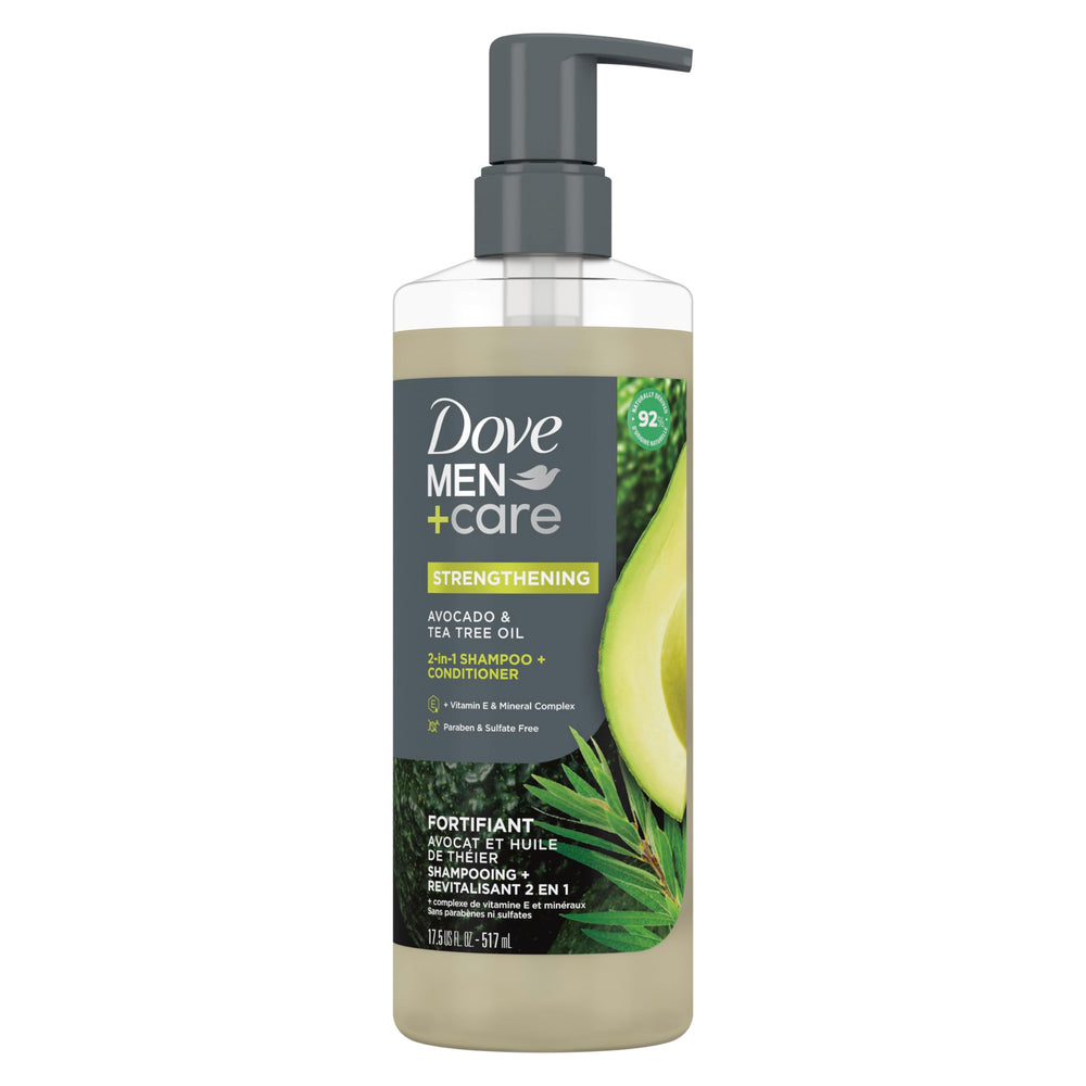 Dove Men+Care front packaging showing avocado and tea tree benefits