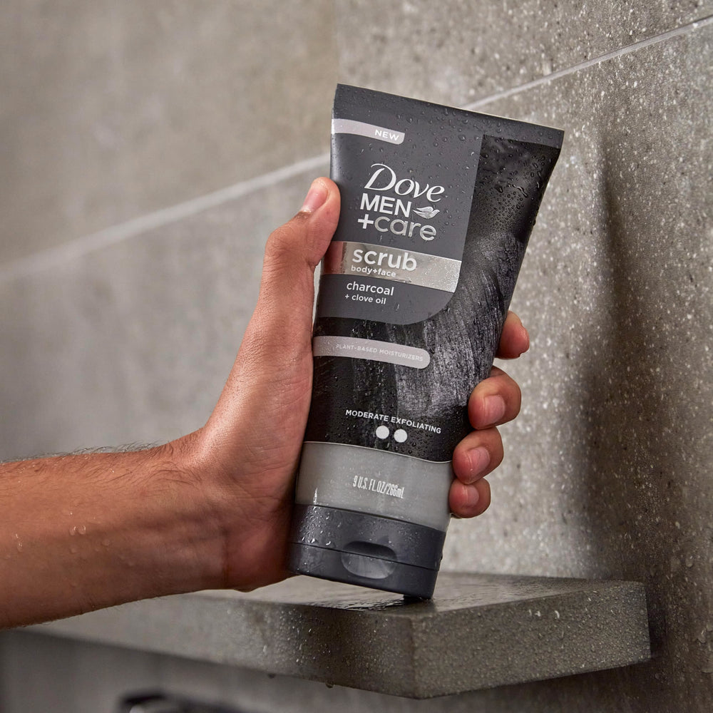 DOVE MEN + CARE being massaged onto wet skin to exfoliate and hydrate