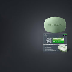 Dove Men+Care bar in shower demonstrating refreshing cleanse and quick rinsing benefit