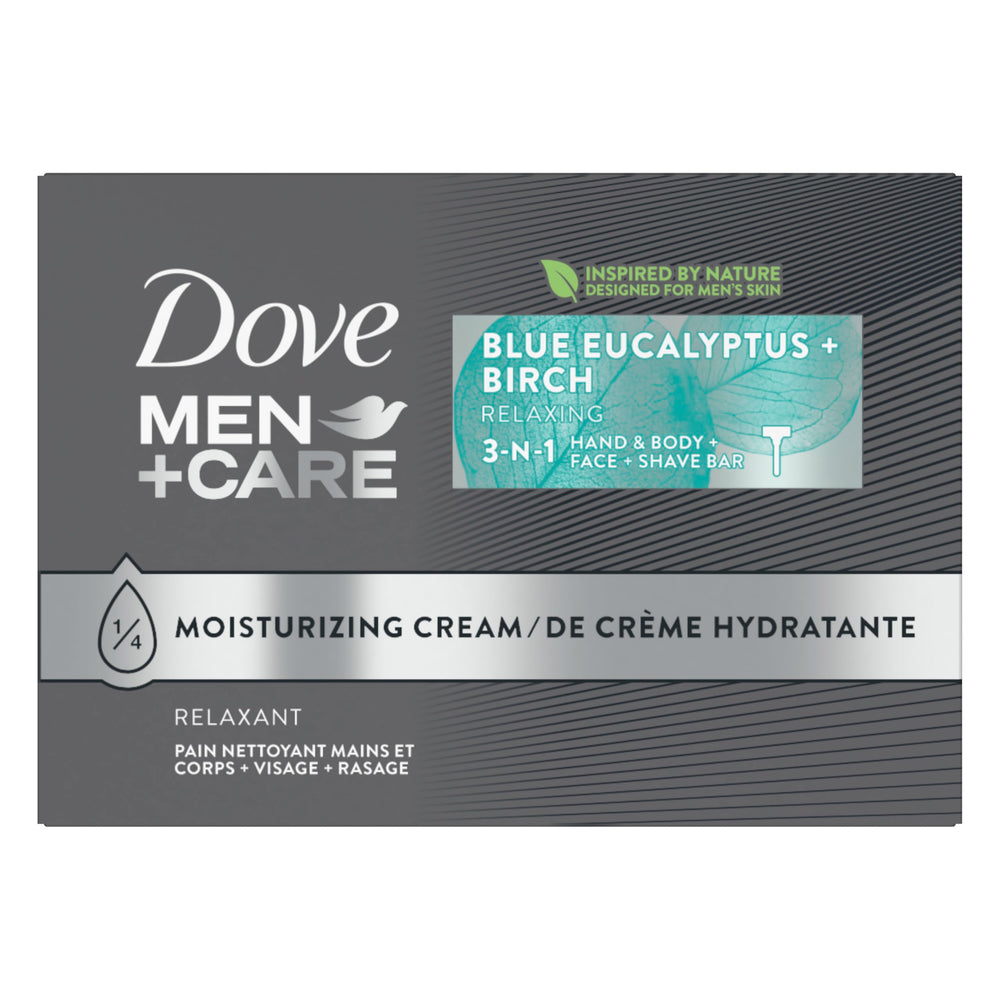 DOVE MEN + CARE front packaging showing product benefits and eucalyptus scent