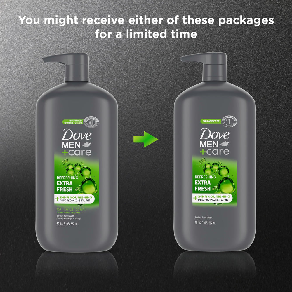 Dove Men+Care bottle label detail showing Micromoisture text and ingredient clarity benefit