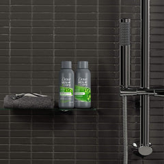 Dove Men+Care bottles in hand showing travel friendly 3 oz size
