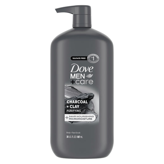 DOVE MEN + CARE front packaging shows charcoal + clay and hydration benefits