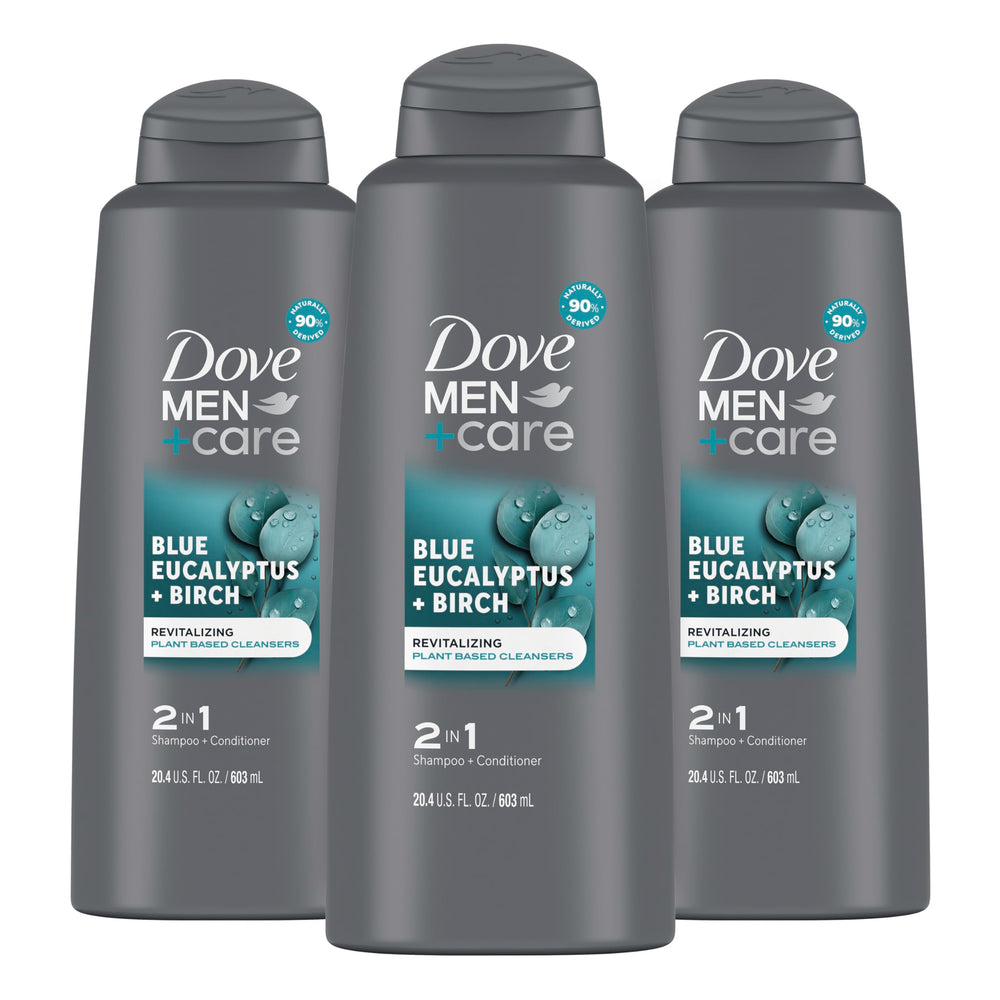 Dove Men + Care front packaging showing eucalyptus scent and 20.4 oz size for convenience