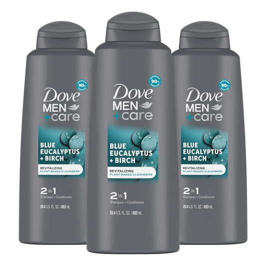 Dove Men + Care front packaging showing eucalyptus scent and 20.4 oz size for convenience