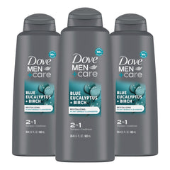 Dove Men + Care front packaging showing eucalyptus scent and 20.4 oz size for convenience