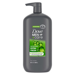 Dove Men+Care front packaging showing bottle and label, highlights hydration benefit