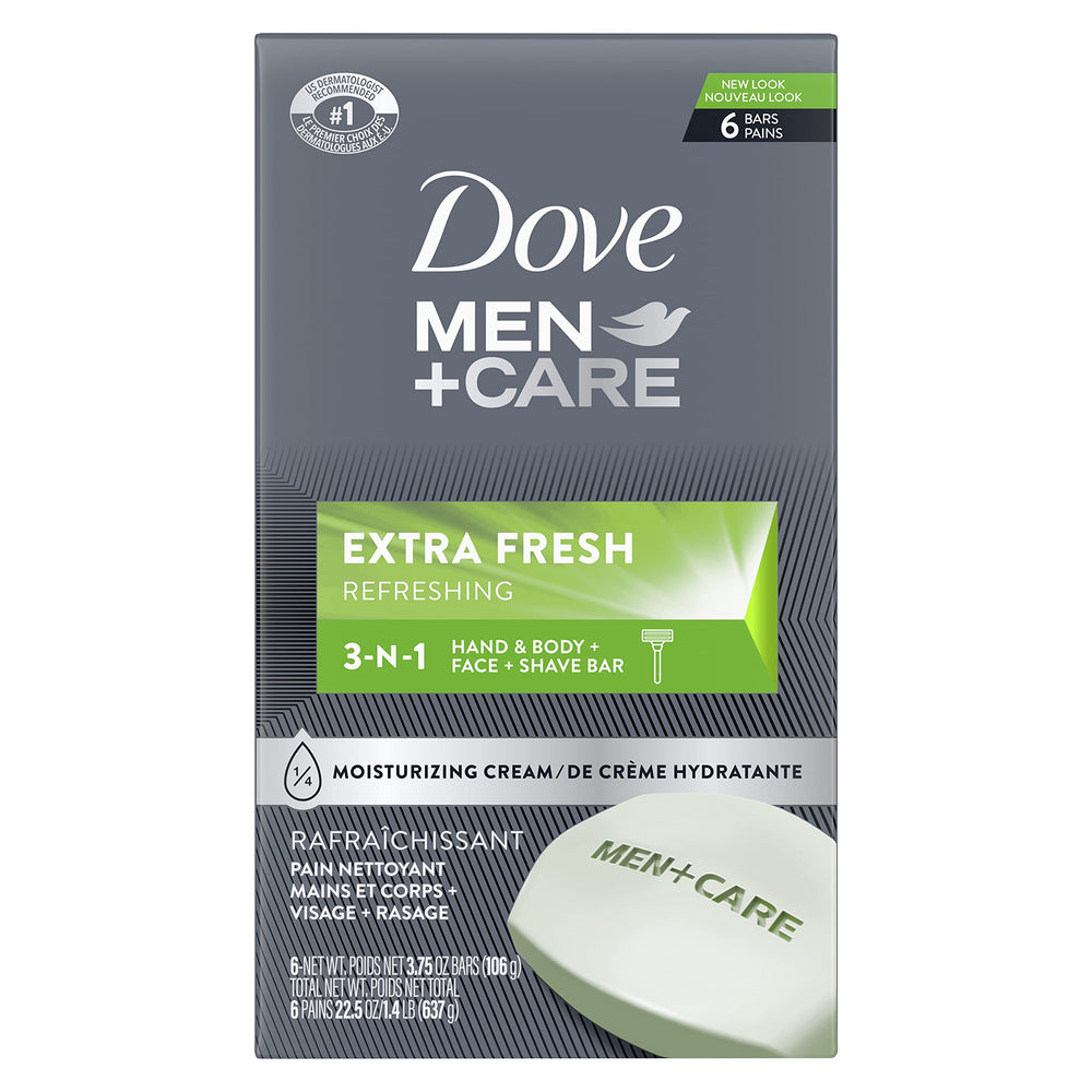 Dove Men+Care front packaging showing six bars and product benefits
