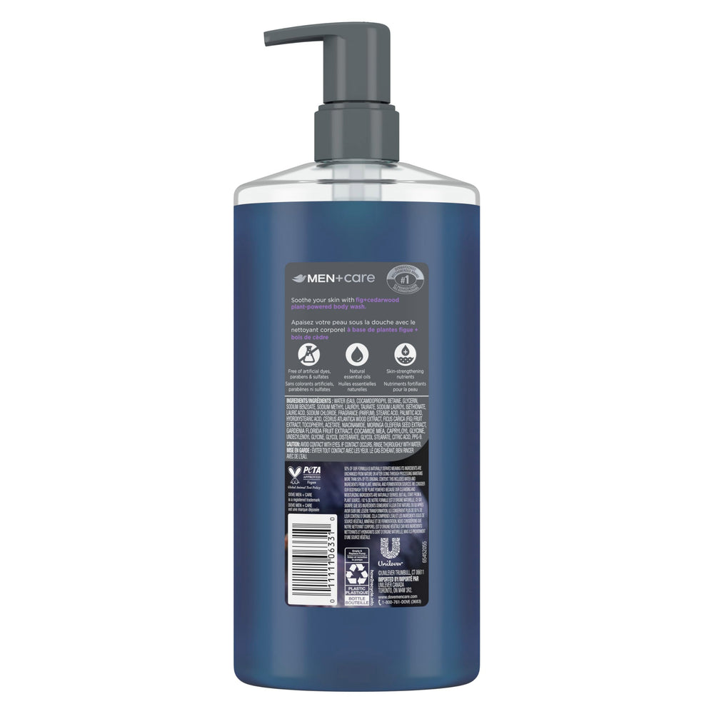 Dove Men+Care pump top close-up highlighting easy dispense for quick showers
