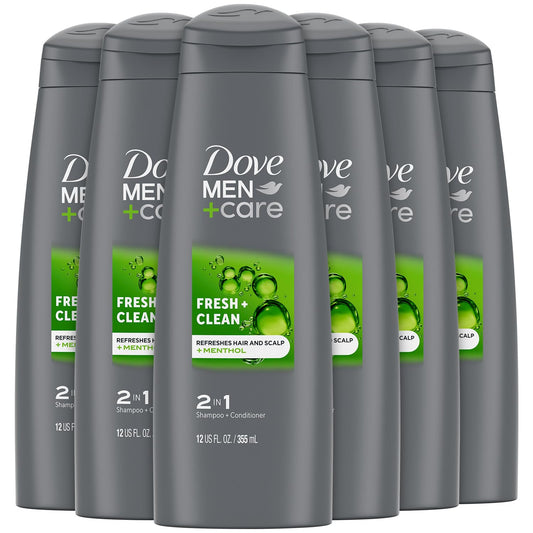 Dove Men+Care front packaging showing 2-in-1 benefits and fresh scent