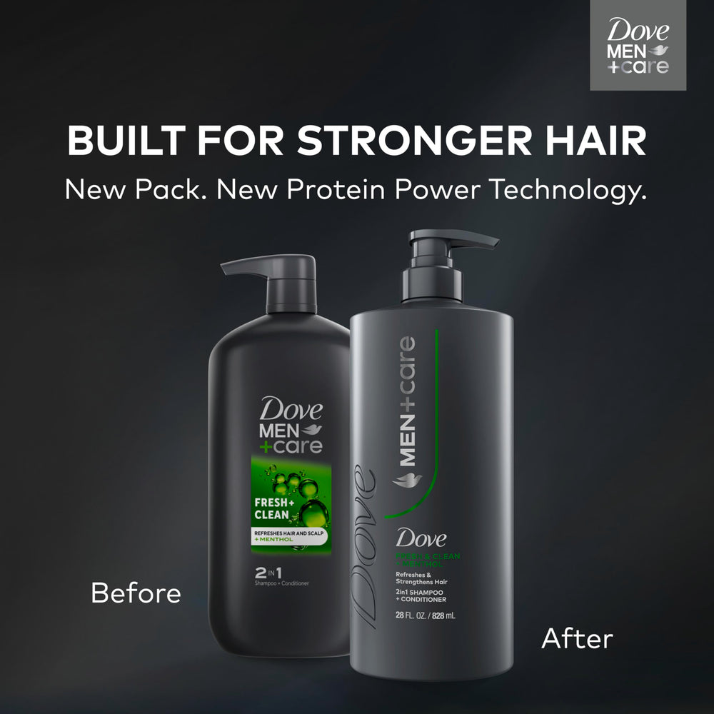 DOVE MEN + CARE pump dispensing shampoo indicating easy one-handed use