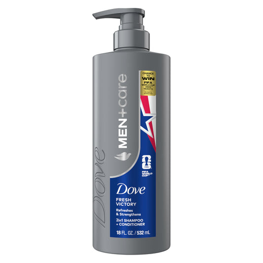 DOVE MEN+CARE front bottle view showing size and branding benefit of easy one-step care