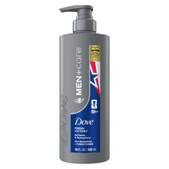 DOVE MEN+CARE front bottle view showing size and branding benefit of easy one-step care