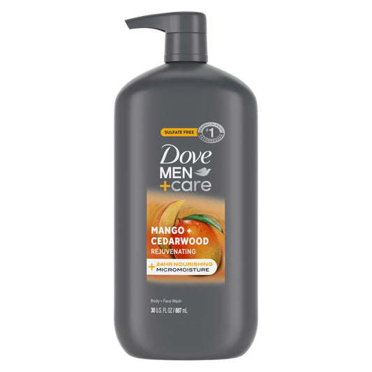 Dove Men+Care front bottle showing mango cedarwood scent and benefits